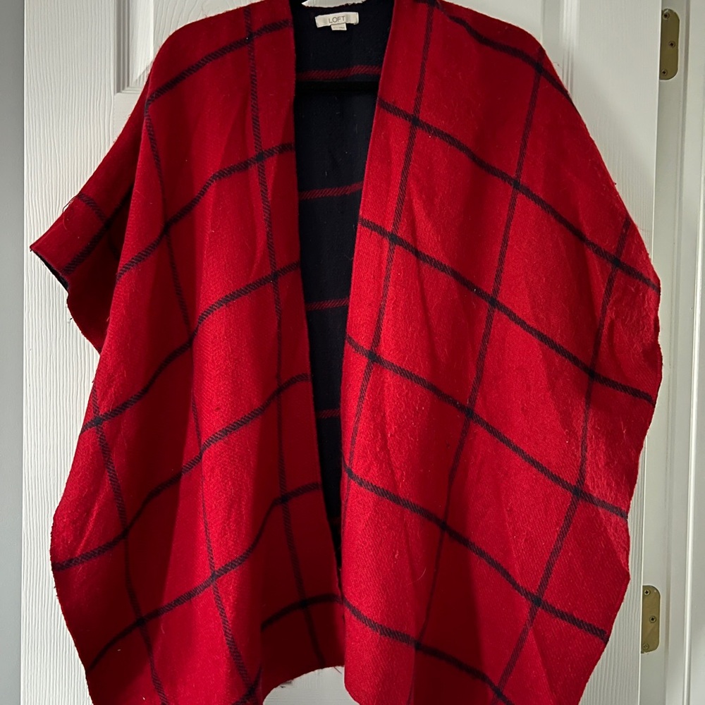 LOFT Red and Black Plaid Poncho